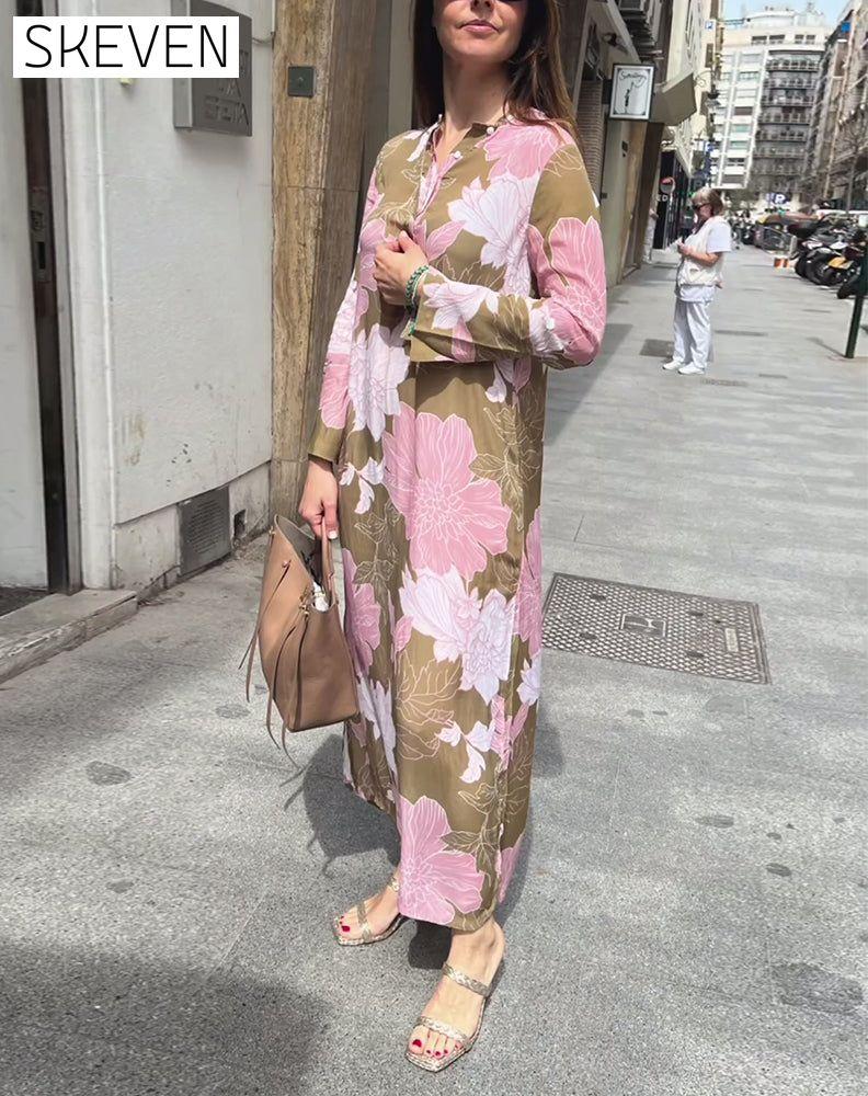 Casual floral print long sleeve slit maxi dress