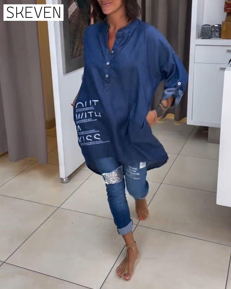 Letter print irregular button top