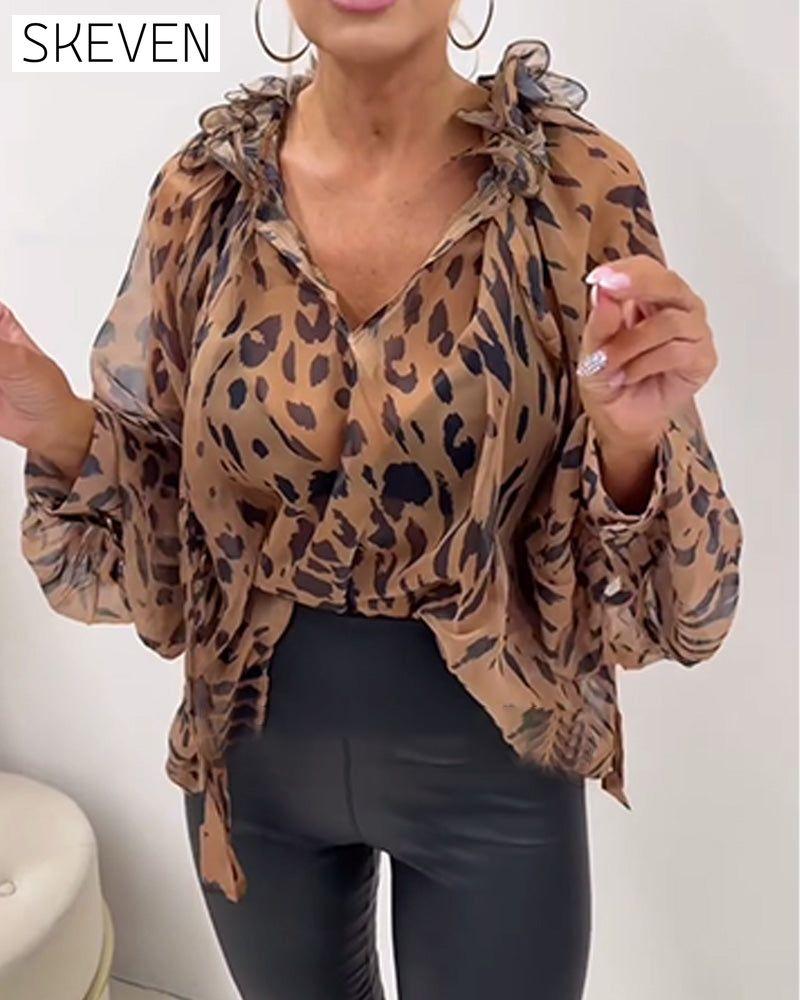 Ruffle Collar Printed V-Neck Blouse