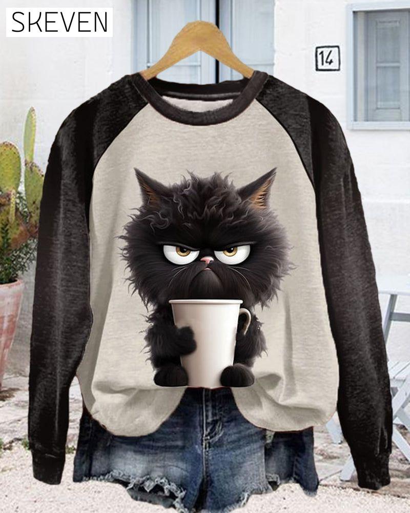 Katzen-Sweatshirt mit Farbblockmuster