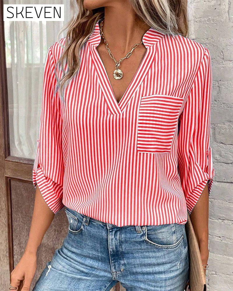 V-neck striped print casual blouse