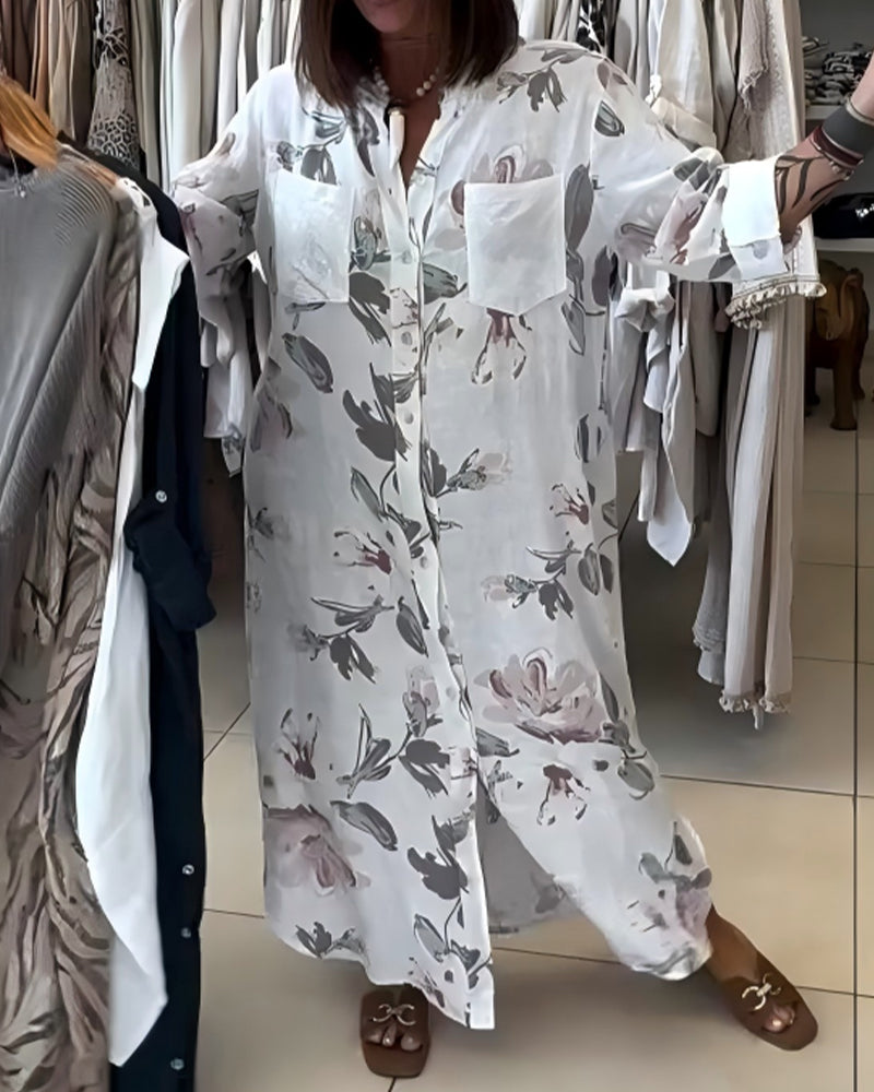 Stand Collar Long Sleeve Printed Shirt Dress