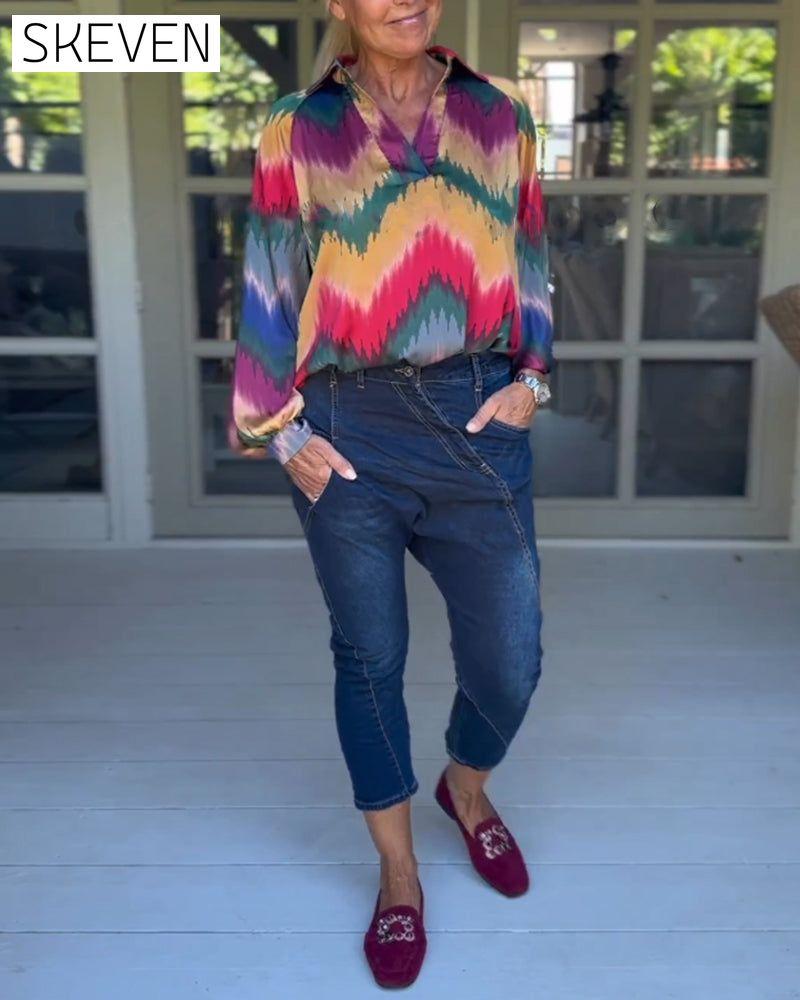 Mehrfarbiges Langarmshirt mit Reverskragen