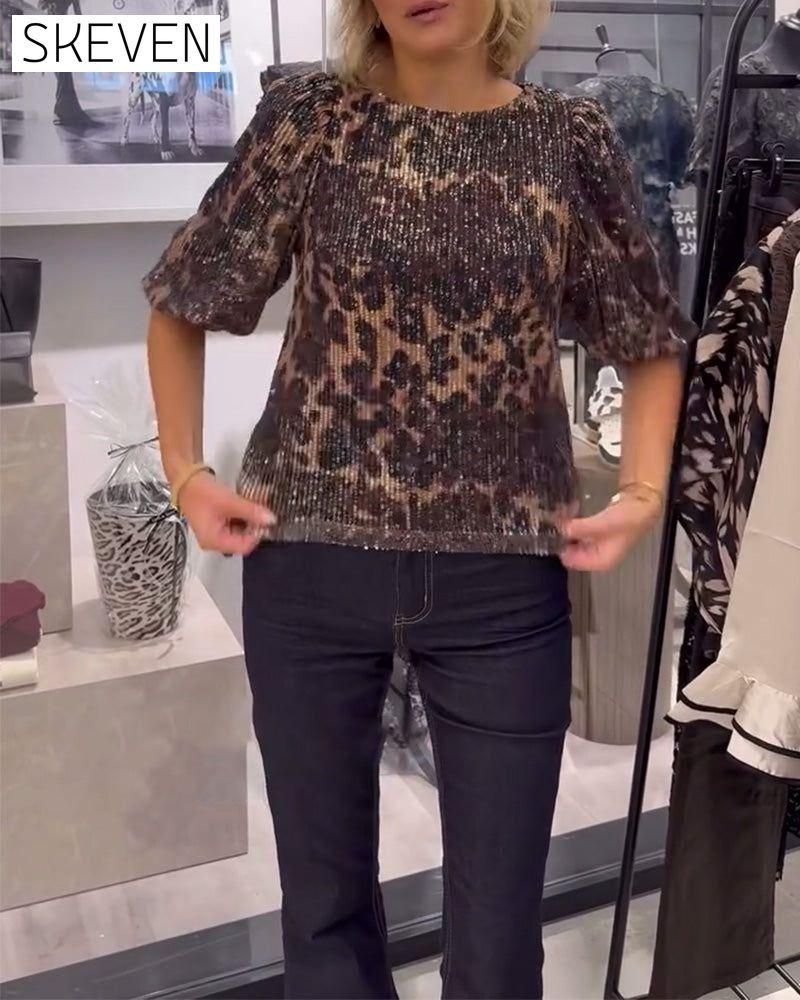 Lantern-Sleeve Sequined Leopard-Print Blouse