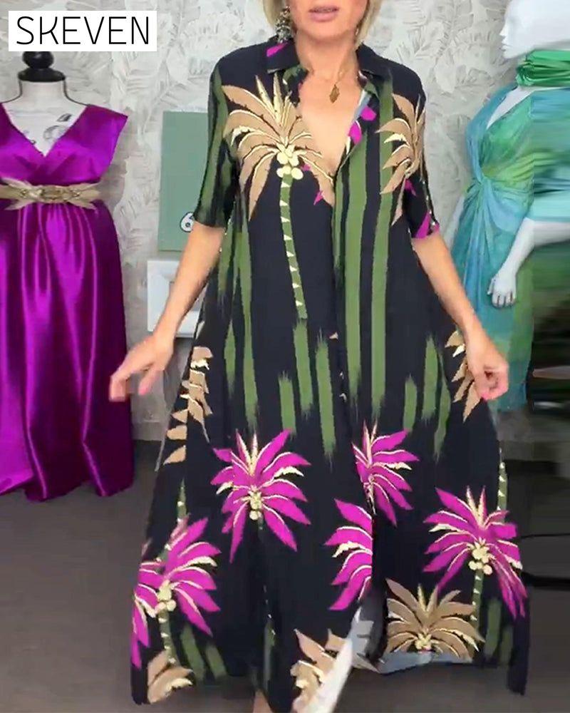robe décontractée à imprimé feuilles, fente, manches courtes et ample
