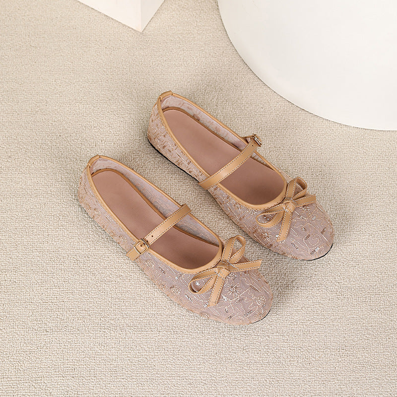 Womens Embroidered Mesh Mary Jane Flat Shoes