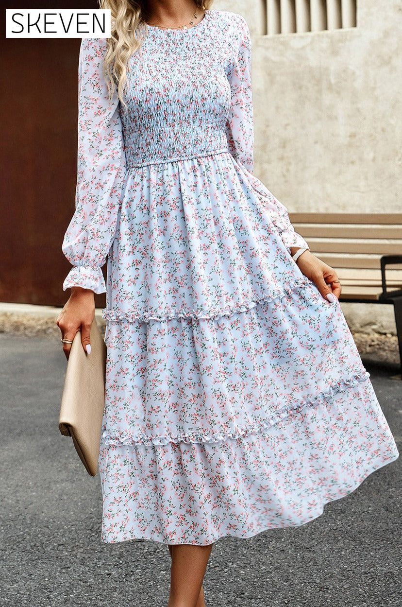Smocked Flounce Sleeve Midi Dress clothes DY Ship From Overseas trendsi
