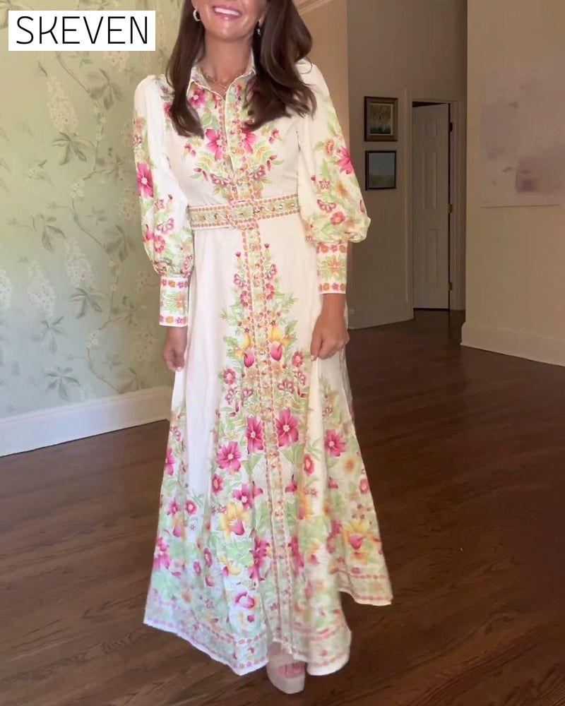 Elegantes Maxikleid mit floralem Muster, Reverskragen und langen Ärmeln