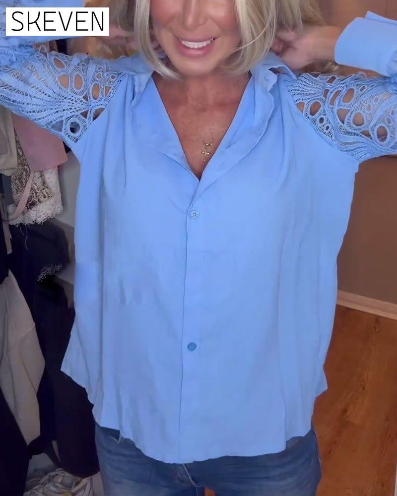 chemise unie à revers et manches en dentelle