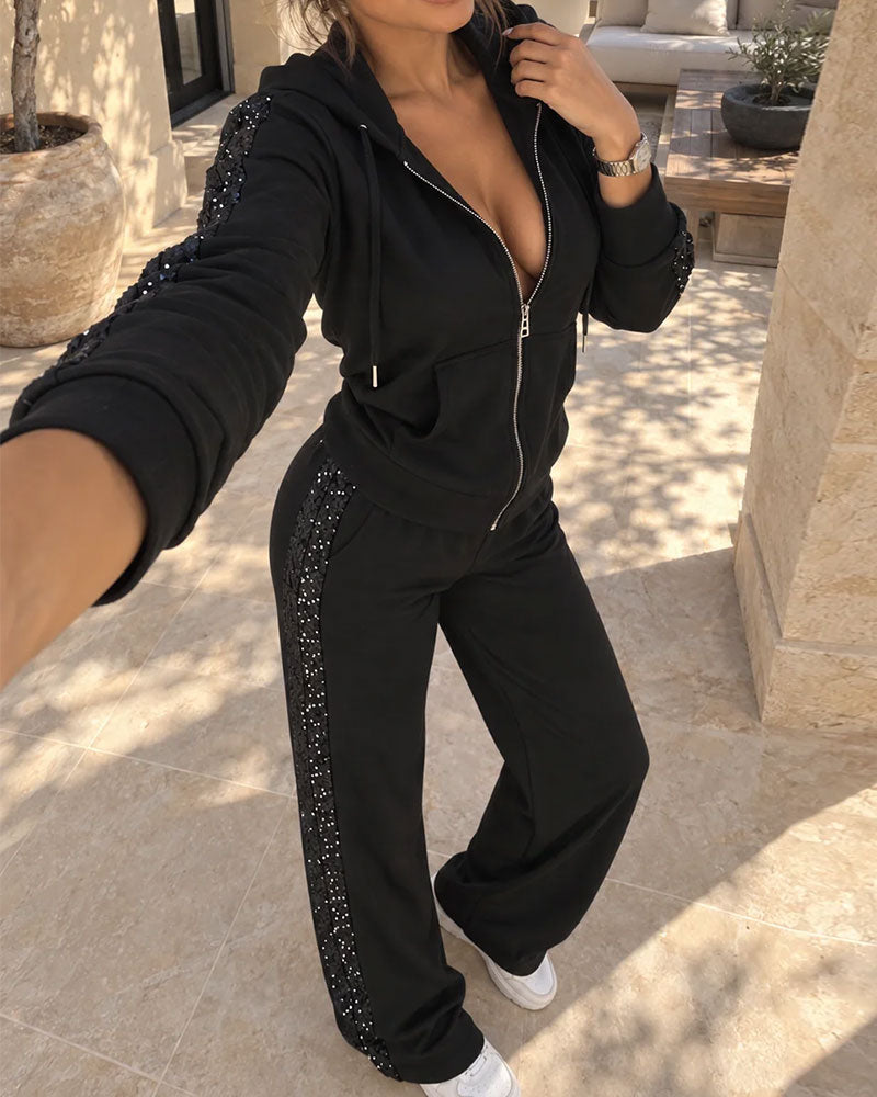 Hooded Casual Long Sleeve Coat Straight Pants Set