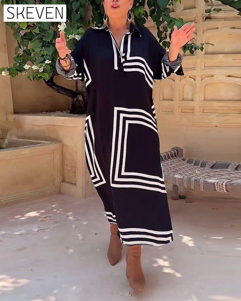 Lapel rectangular printed casual dress