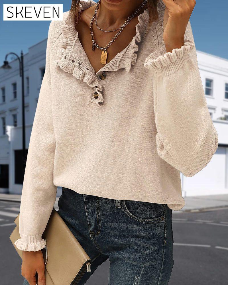 Lässiger, einfarbiger Pullover mit Reversknopf und Rüschen