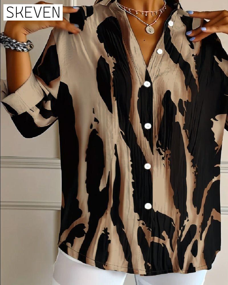 Stand Collar Irregular Printed Blouse