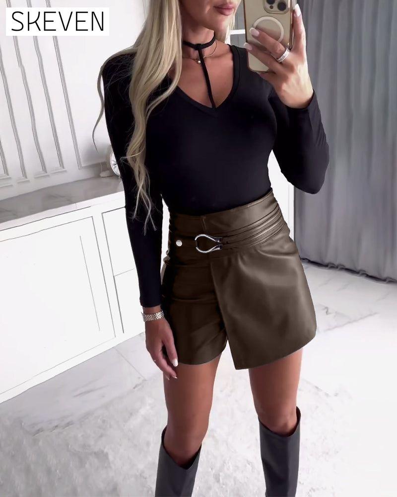 Modische, einfarbige Patchwork-Shorts mit hohem Bund