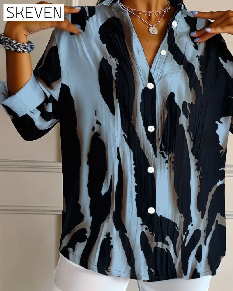 Stand Collar Irregular Printed Blouse