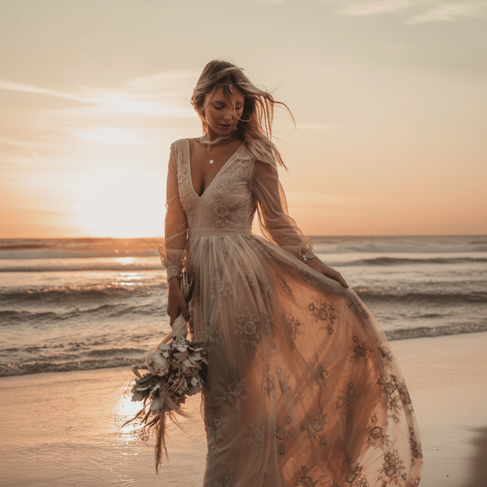 Boho Champagne Lace Beach Wedding Dress
