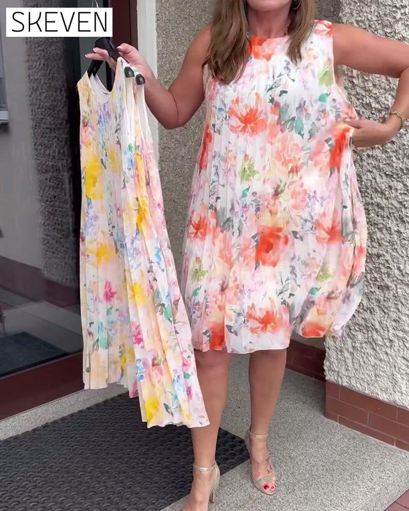 Sleeveless Pleated Floral Dress