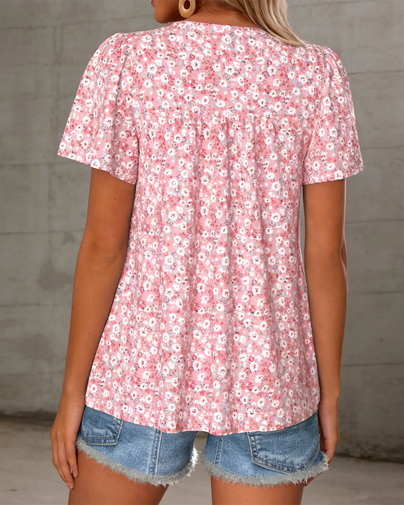 Round Neck Floral Short-Sleeved Top