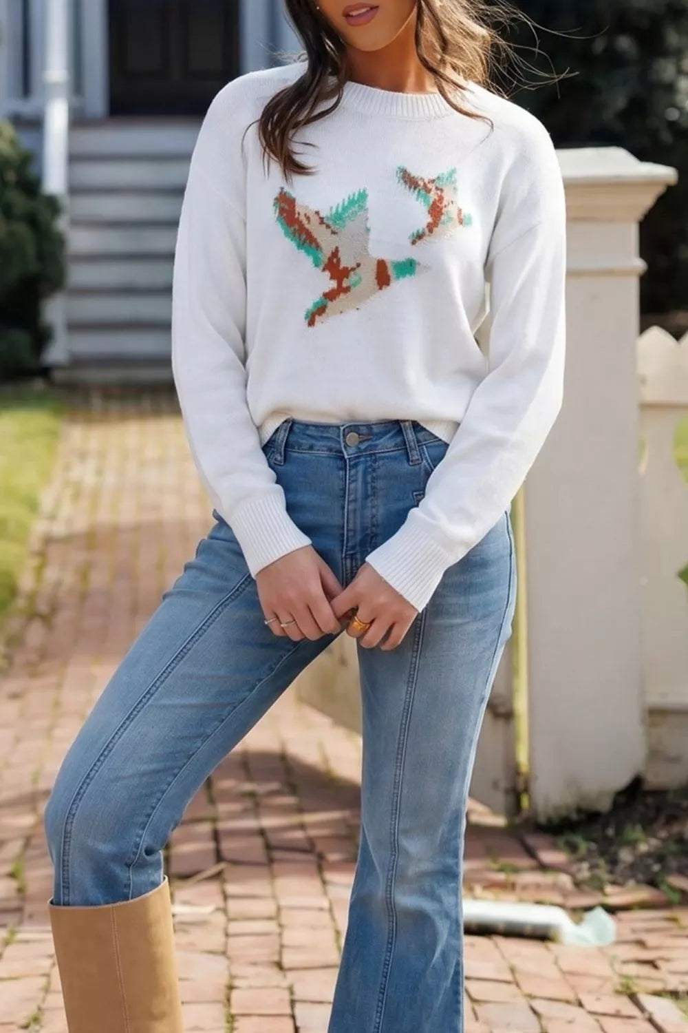 Drop Shoulder Round Neck Long Sleeve Sweater