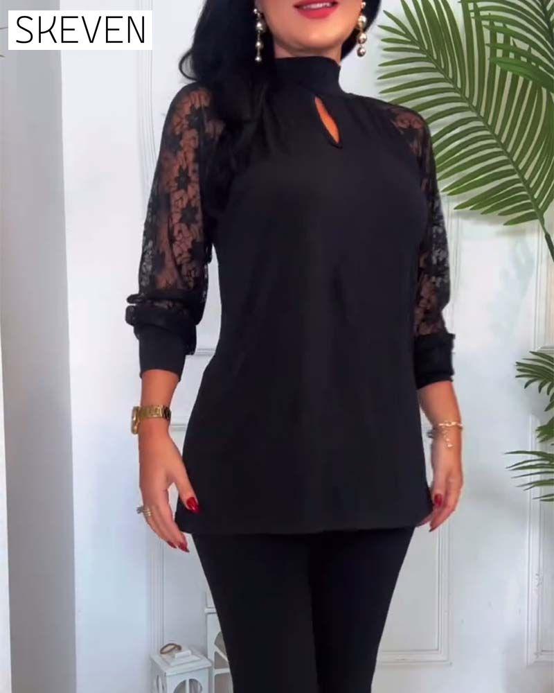 Fashion Solid Color Crochet Lace Sleeve Patchwork Top