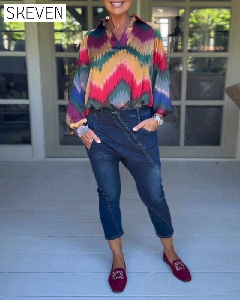 Mehrfarbiges Langarmshirt mit Reverskragen