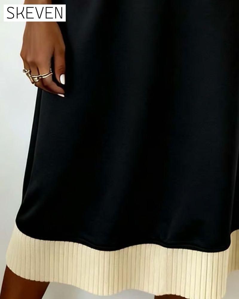 Long-Sleeved V-Neck Contrast Knit Dress