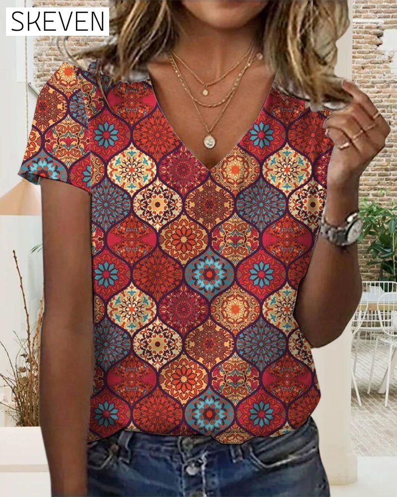 Retro-Print-T-Shirt mit V-Ausschnitt