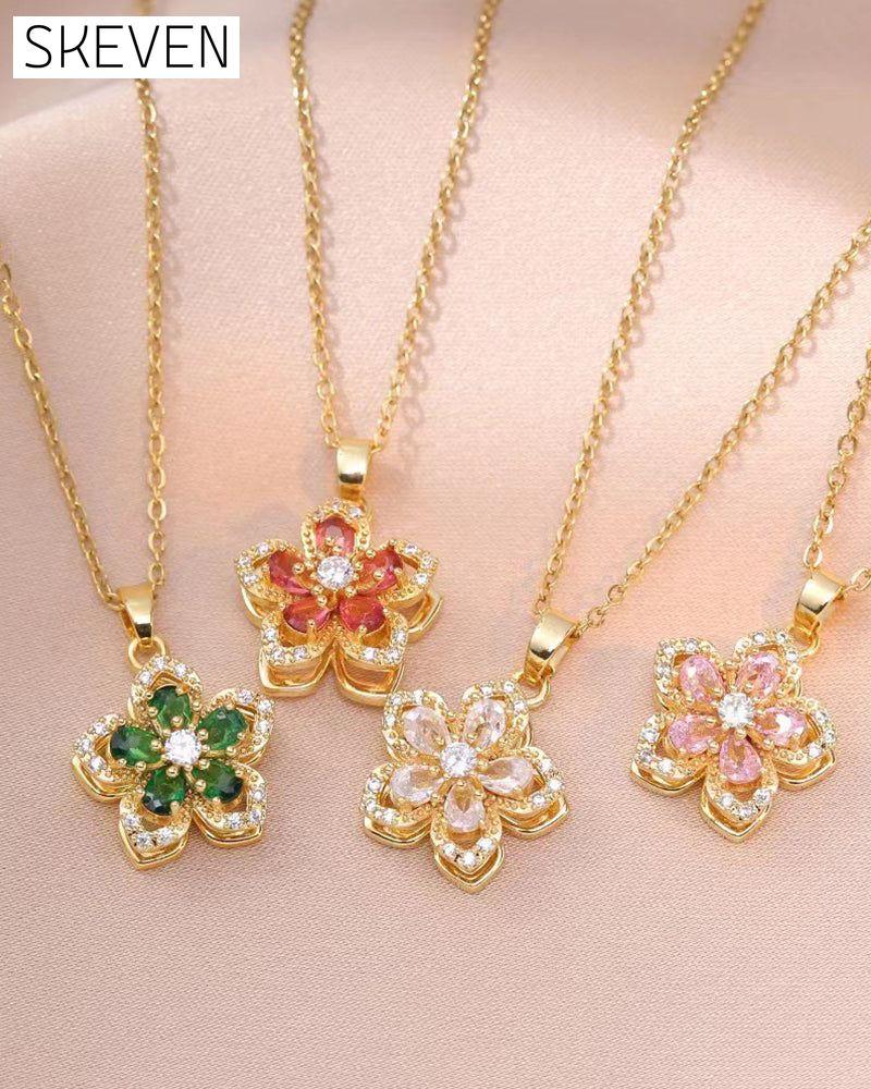 Five-petal flower 360° rotating pendant necklace