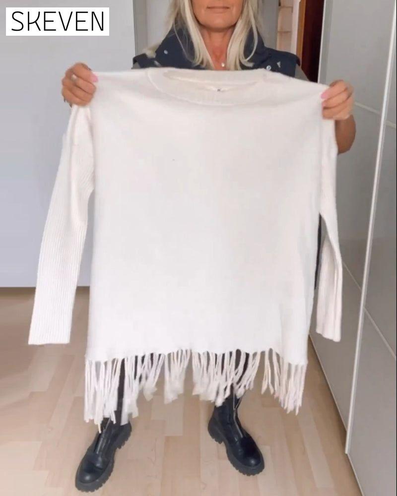 Einfarbiger, lässiger Pullover mit Fransen