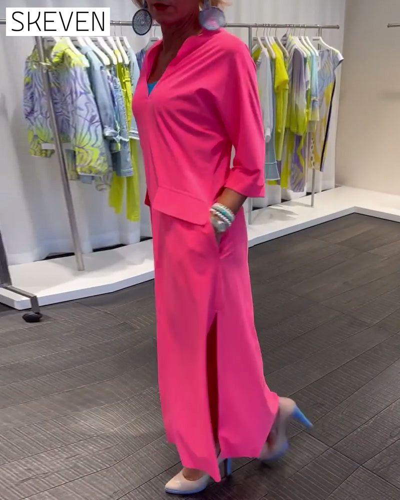 Slit V-neck solid color dress