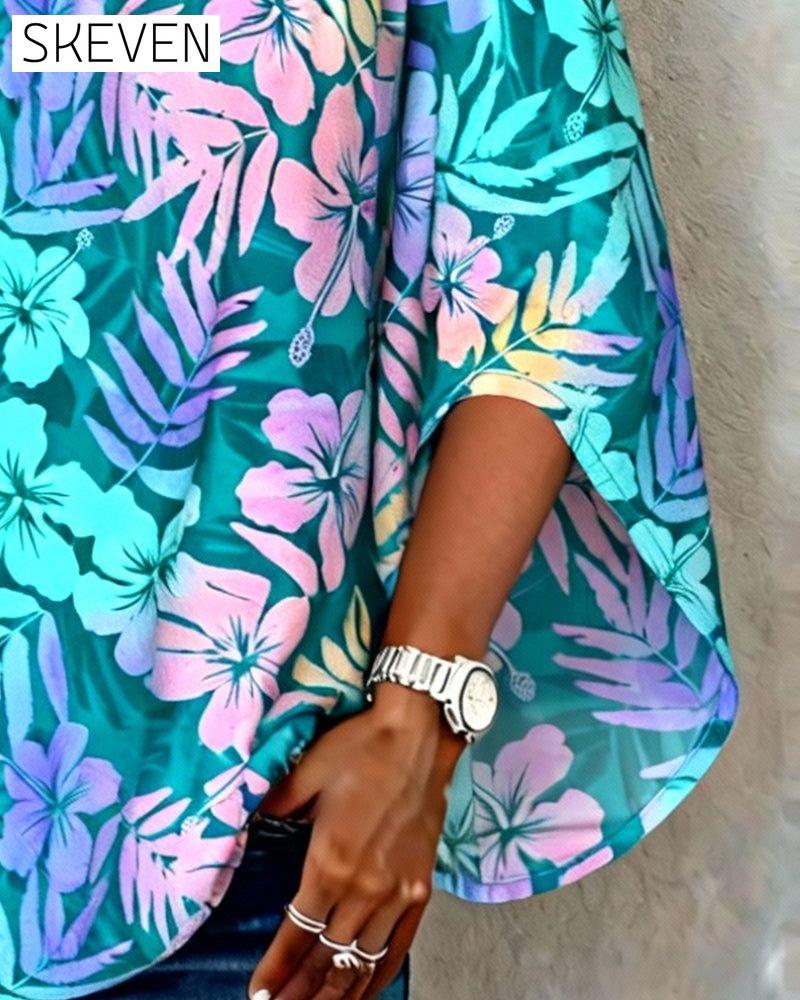 Off-The-Shoulder Batwing Sleeve Printed Blouse