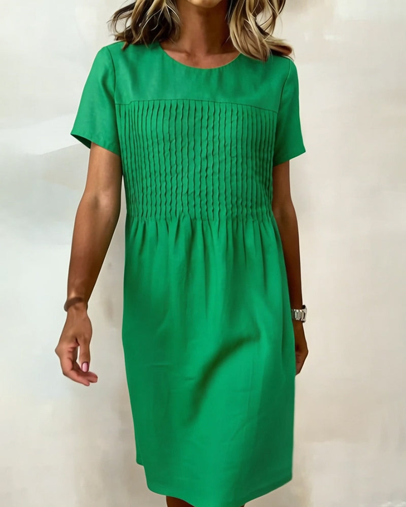 Round Neck Pleated Casual Dress