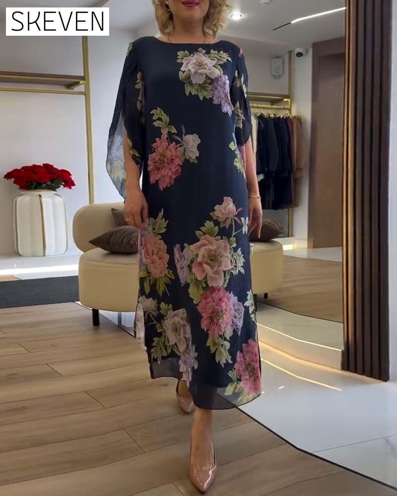Round Neck Floral Slit Dress
