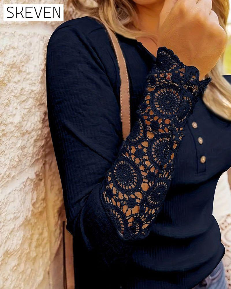 Haut élégant à boutons en dentelle patchwork unie