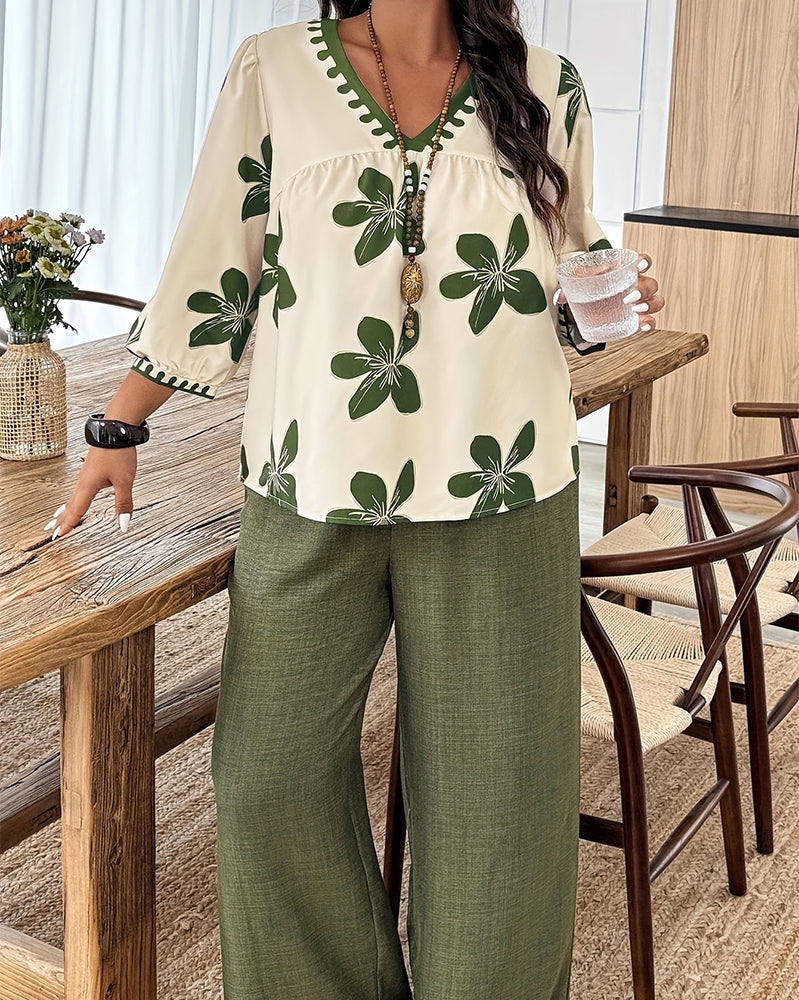 Floral Print V-Neck Top Wide-Leg Pants Set