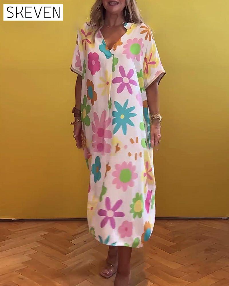 Loose V-neck floral print dress