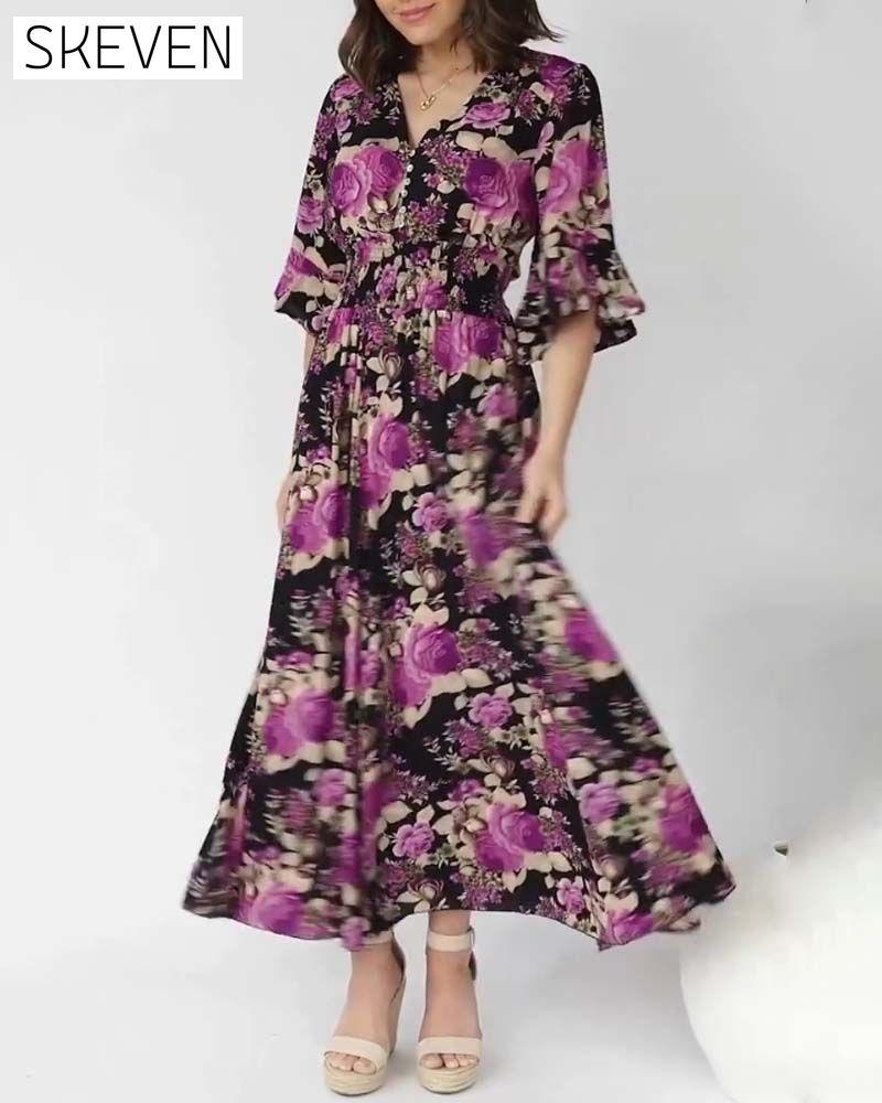 Floral Print V Neck Maxi Dress