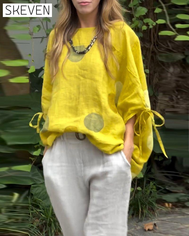Polka dot printed three-quarter sleeves casual blouse