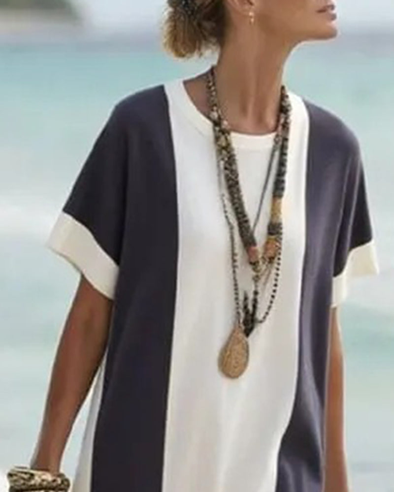 Contrast Color Short Sleeve Long Dress