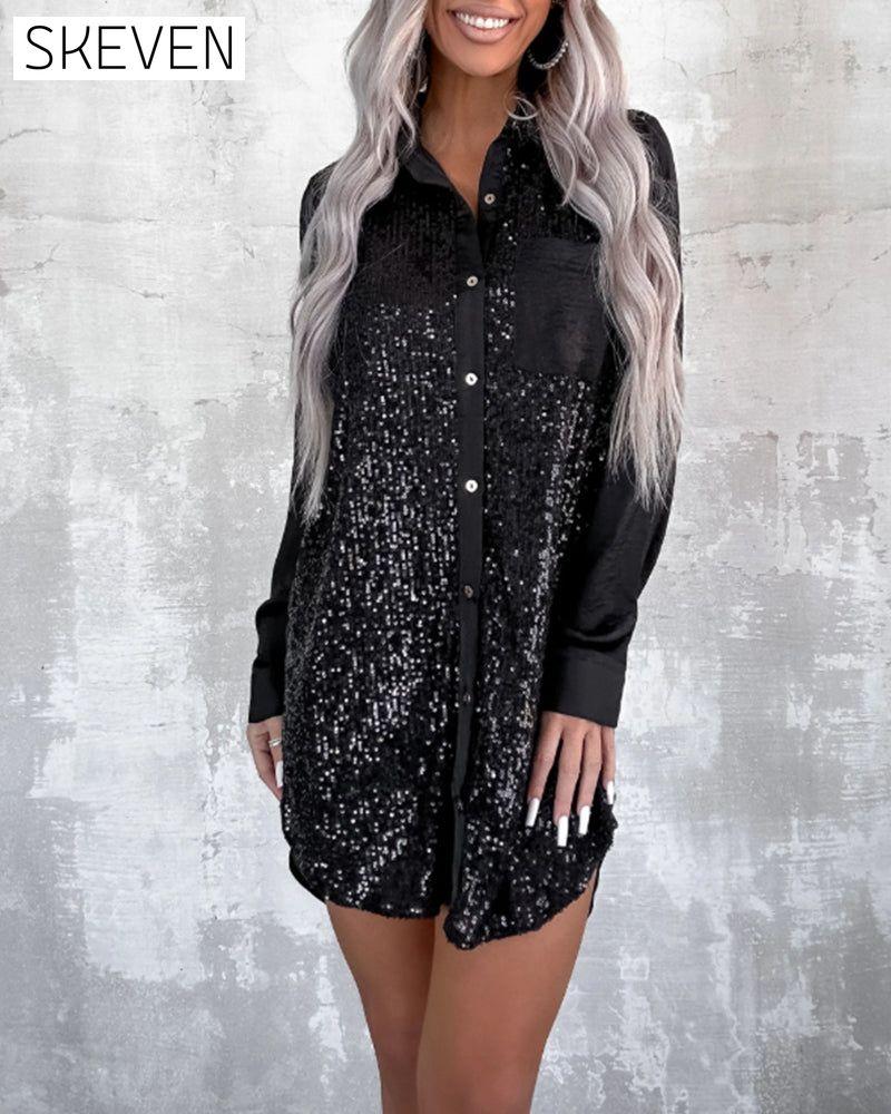 Lapel Button Sequined Shirt
