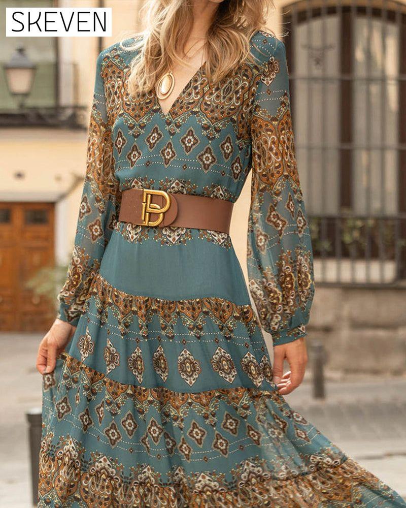 Kleid mit V-Ausschnitt im Ethno-Stil, lässig, für den Urlaub