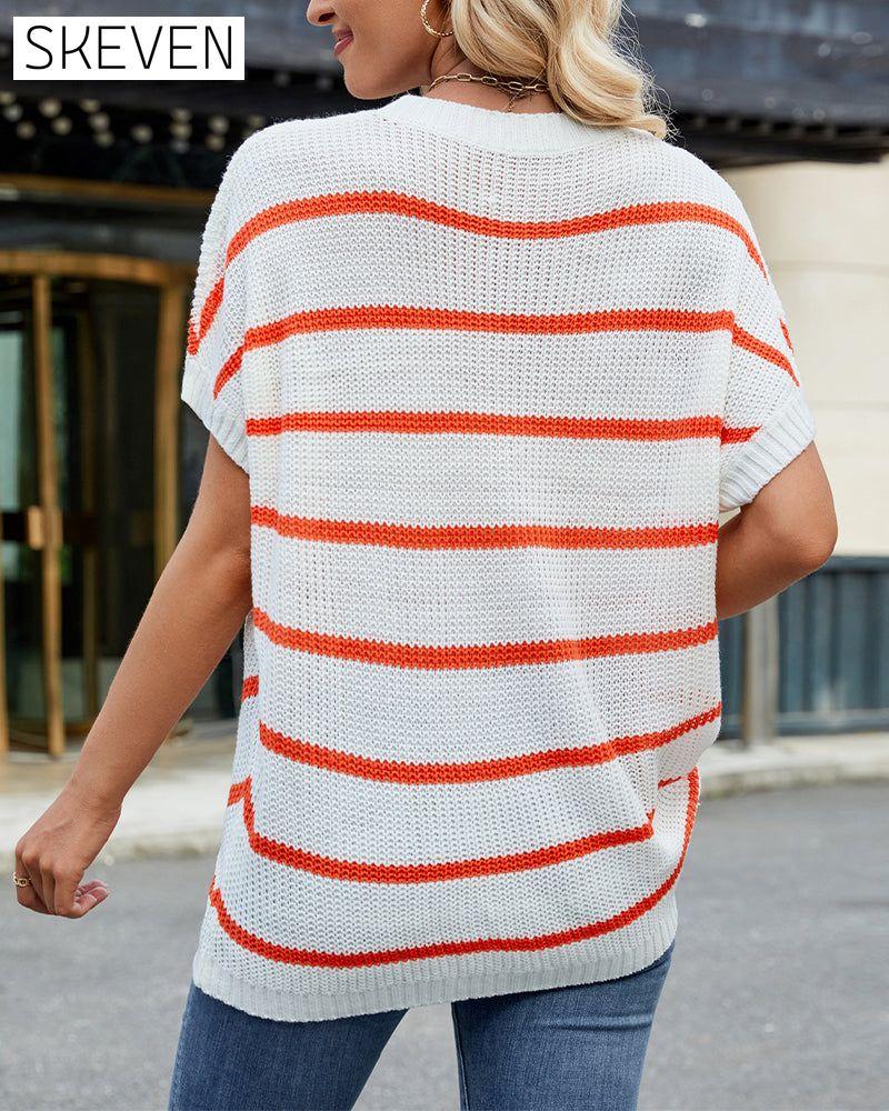 Striped Drop Shoulder Short Sleeve Sweater