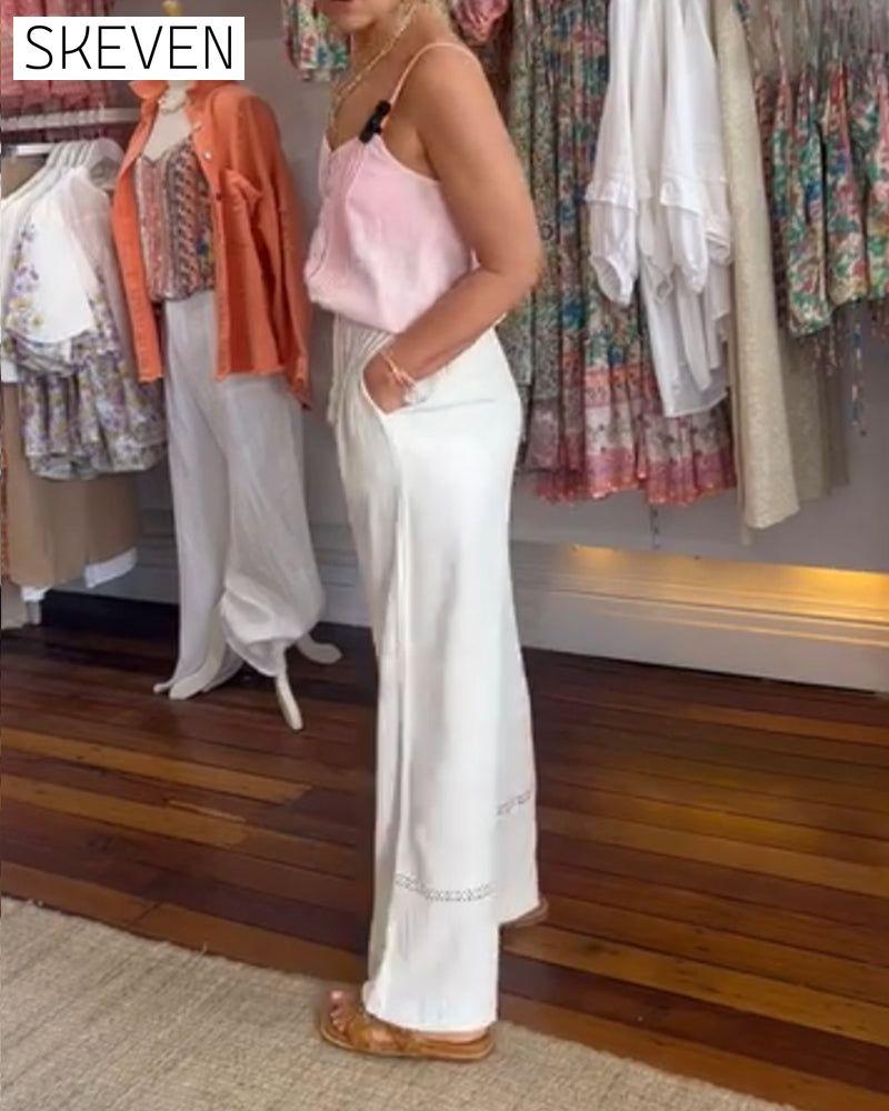Solid color comfortable wide leg pants with pockets