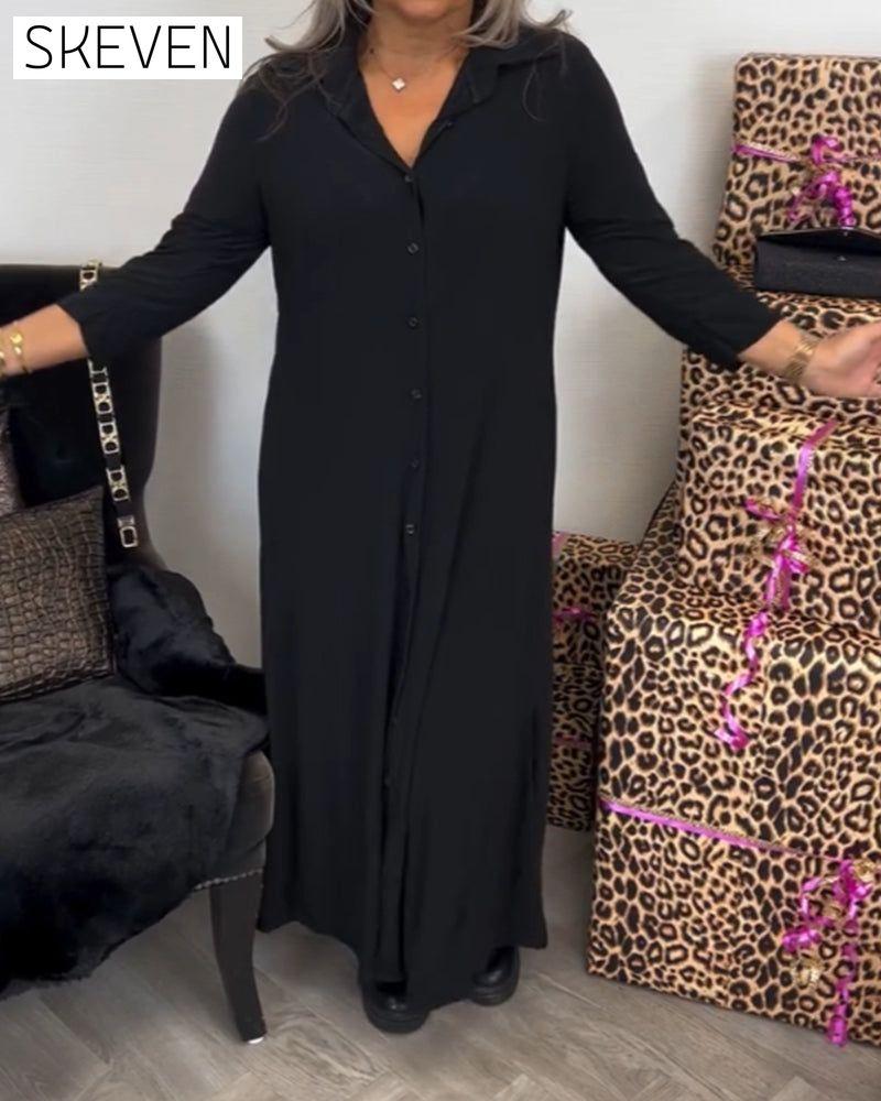 Buttoned V-neck solid color dress