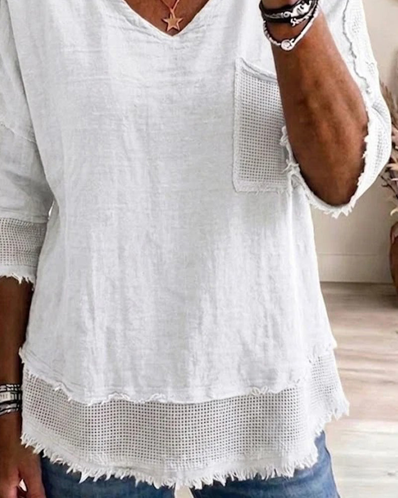 Raw-Edged Patchwork V-Neck Solid Color Blouse
