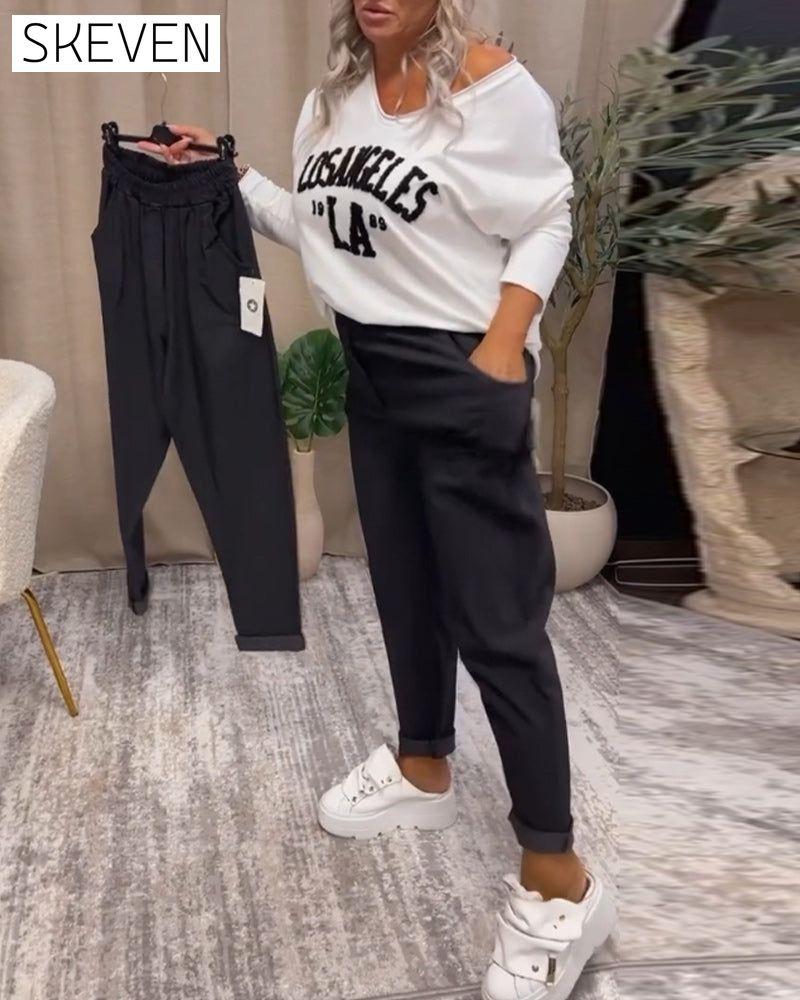 Lässiges Sweatshirt mit Buchstabenprint und V-Ausschnitt