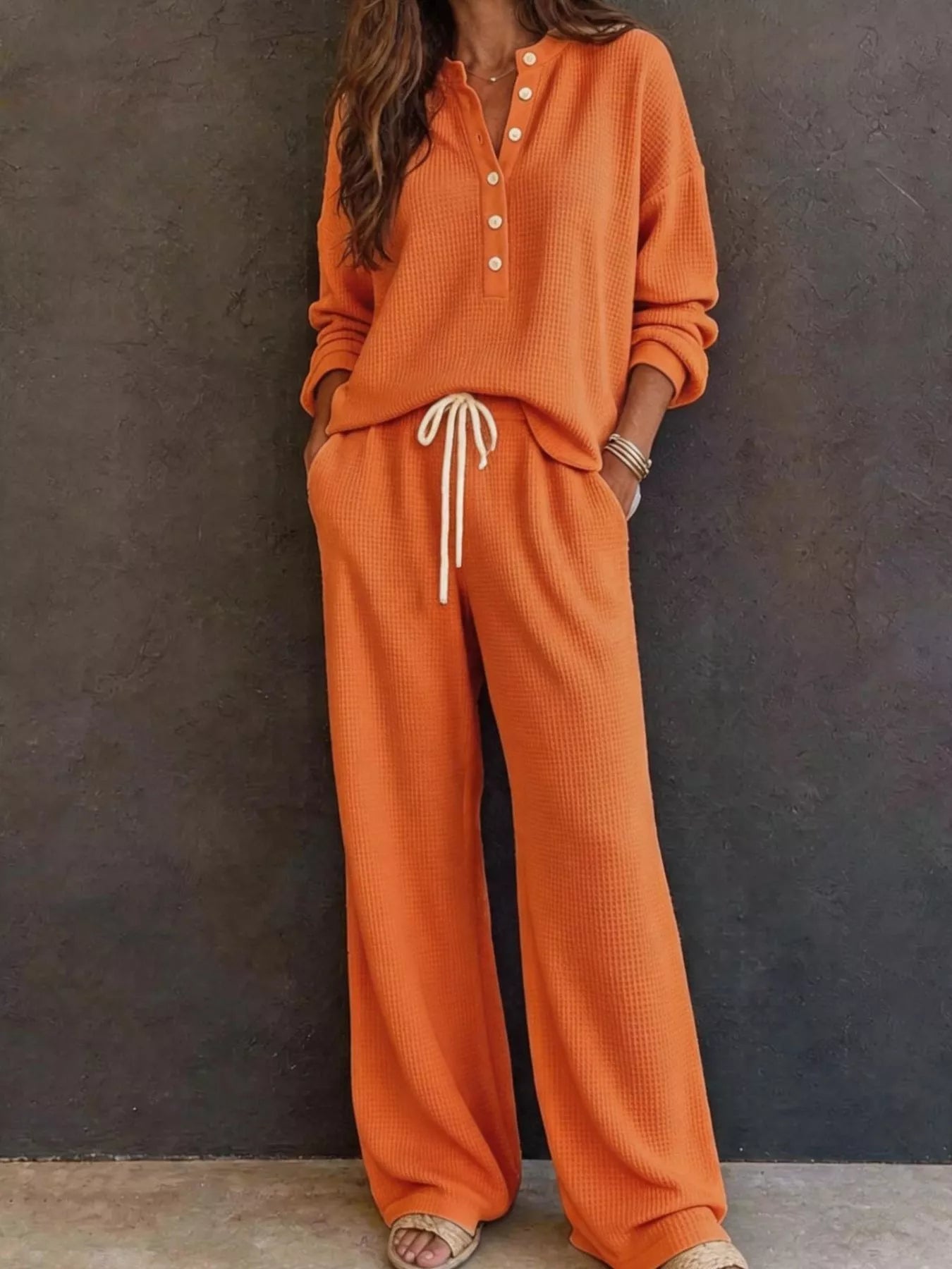 Waffle Knit Henley Top and Wide Leg Pants Set