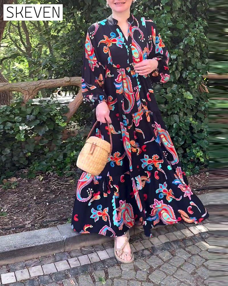 Vintage-Patchworkkleid mit Print und langen Ärmeln