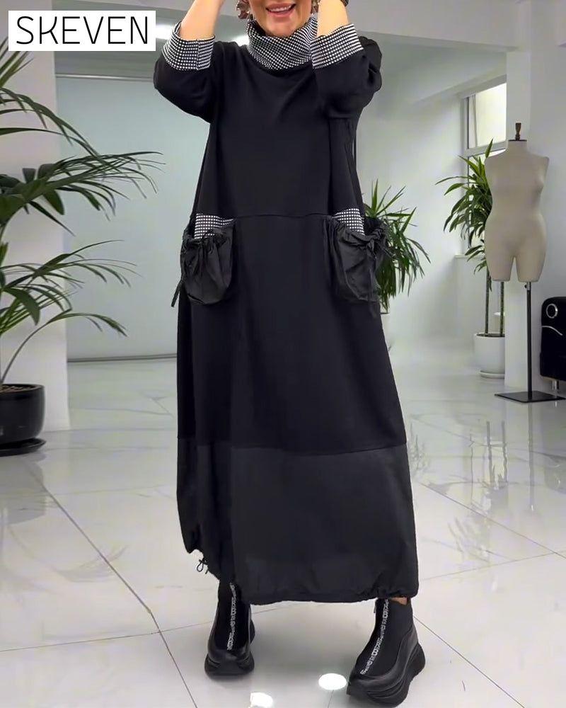 Lässiges Kleid mit Karomuster, hohem Kragen und Taschen
