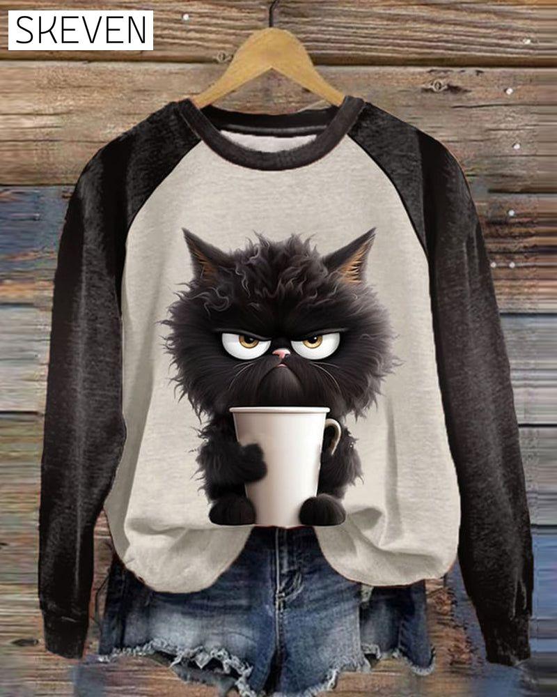 Katzen-Sweatshirt mit Farbblockmuster